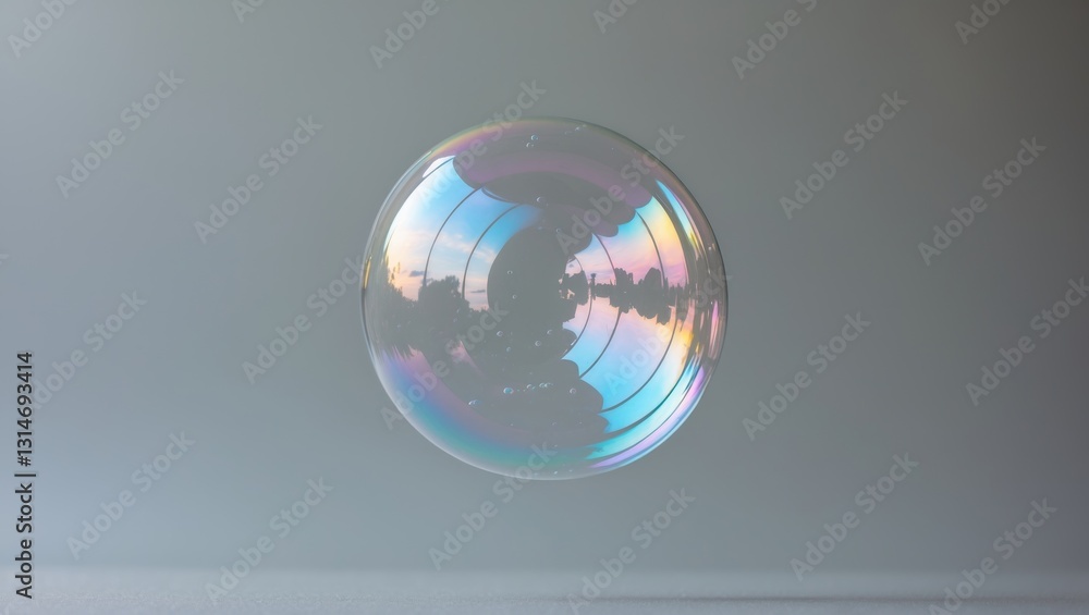 Poster flying soap bubbles against a grey backdrop. abstract soap bubbles featuring reflections. background