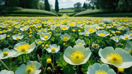 Large field of blooming garden buttercups. Magnificent flower field. Stunning photos captured by drone.