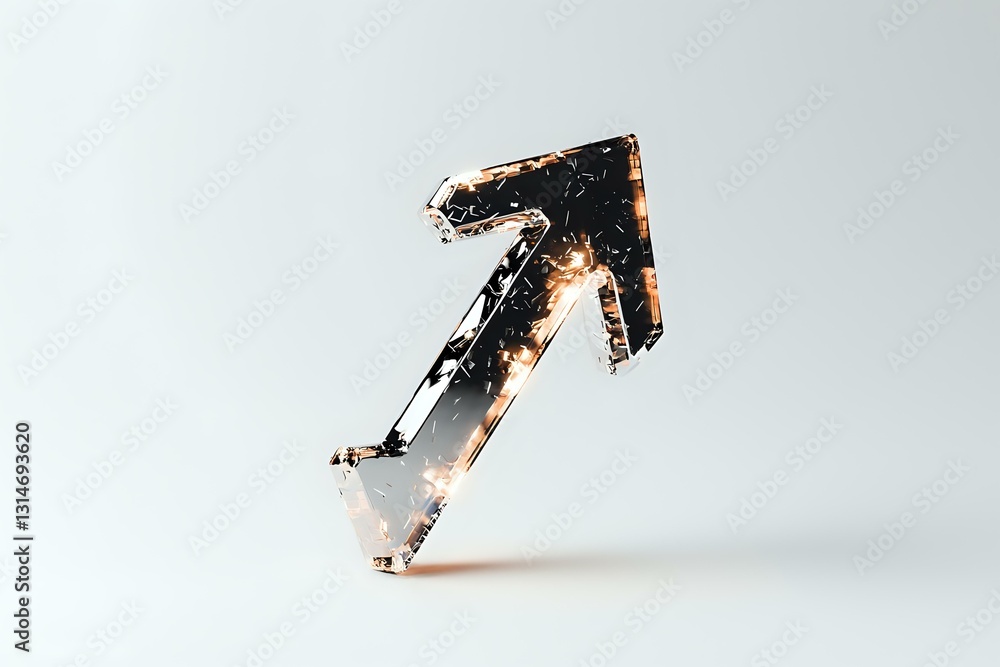 Poster diagonal black arrow with glowing orange edges and metallic texture stands against light background,