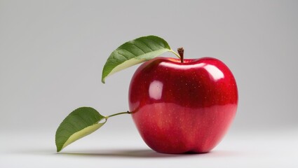 Isolated red apple. Fresh organic red apple with leaves. Macro studio photo of an apple.
