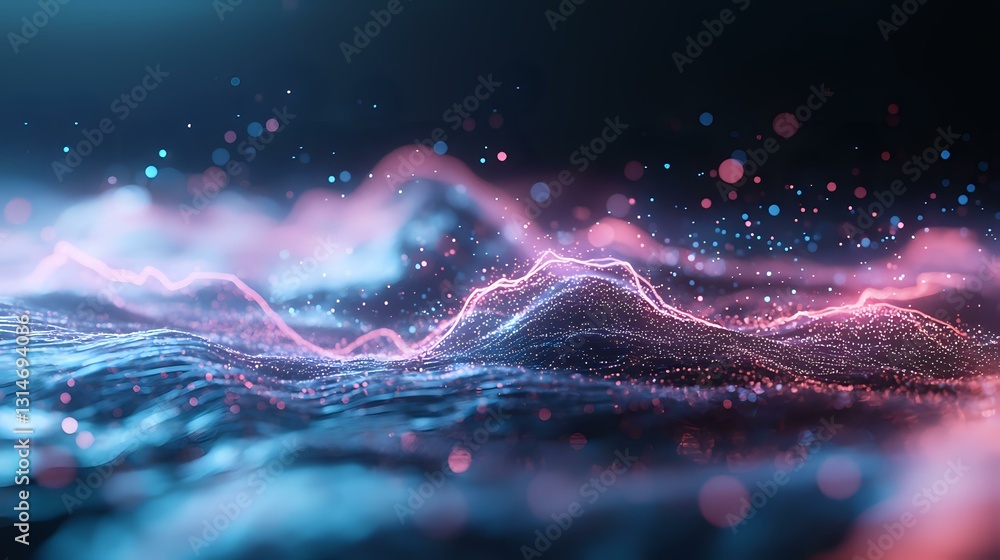 Poster abstract glowing wave pattern with pink and blue particles flowing in dark space, creating dynamic m