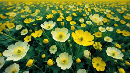 Large field of blooming garden buttercups. Stunning flower meadow. Impressive aerial photos captured by drone.