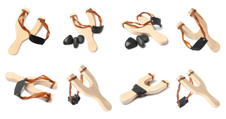 Wooden slingshot with pebbles on white background, collage. Views from different sides