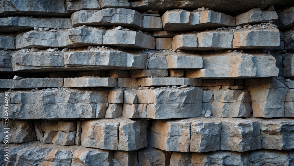 Poster perilous vertical wall featuring protruding, crumbling layered stone blocks. rock cliff face backdro