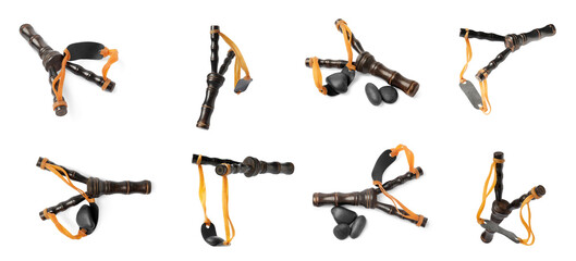 Wooden slingshot with pebbles on white background, collage. Views from different sides