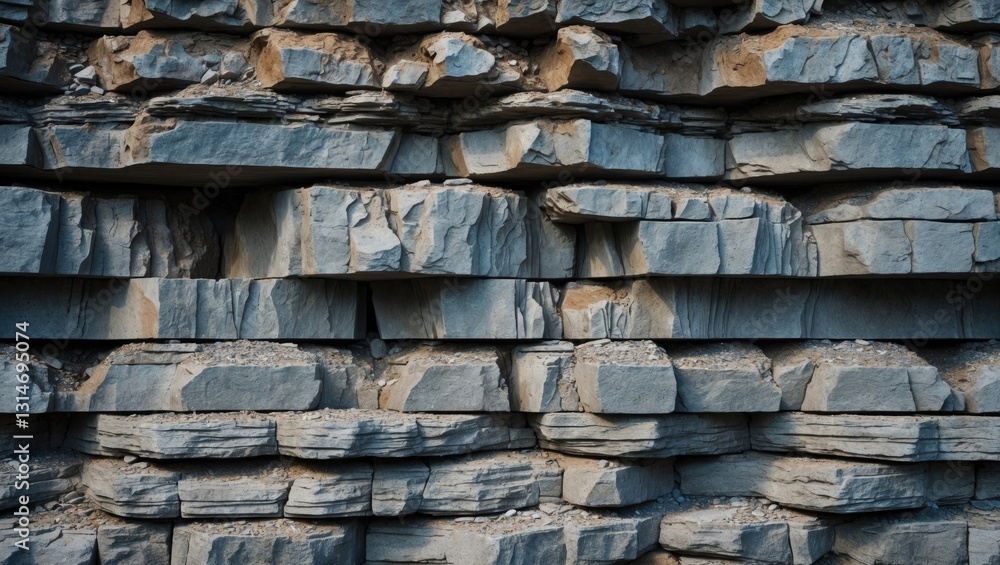 Poster vertical wall featuring dangerous, protruding crumbling layered stone blocks. rock cliff face backgr