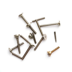 Industrial screws in an elegant arc metallic sheen and clean white backdrop showcasing diversity in fasteners and their uses