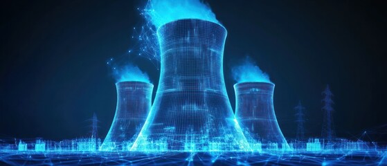 Futuristic depiction of a nuclear power plant with blue glow