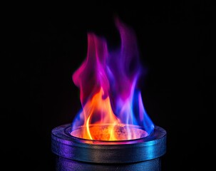 Colorful flames burning in a metal container against a black background