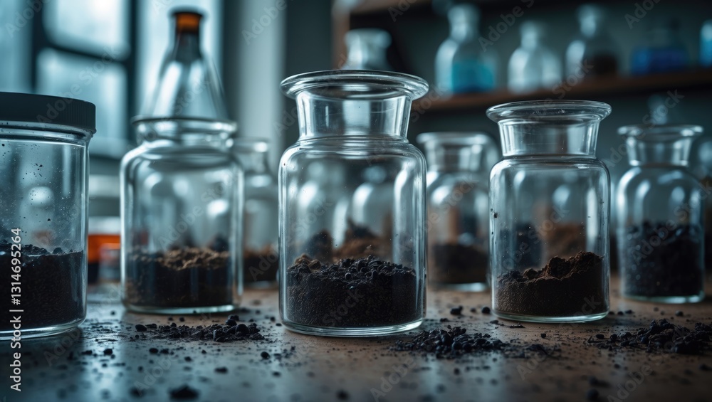Poster glassware containing soil samples. laboratory analysis. close-up.
