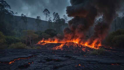 Lava consumes a remaining patch of forest.