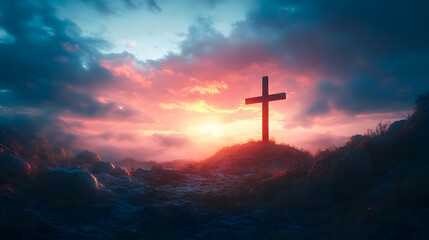 Obraz premium Holy cross symbolizing the death and resurrection of Jesus Christ with the sky over Golgotha Hill is shrouded in light and clouds. Apocalypse concept