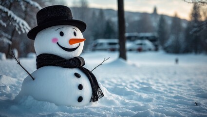 Obraz premium In winter, a large, cheerful snowman wearing a black hat is perched in the snow.