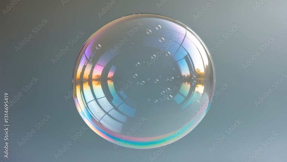 Poster flying soap bubbles on a grey backdrop. abstract soap bubbles featuring reflections. background of s
