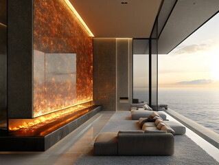 This stylish living room features floor-to-ceiling windows overlooking the ocean. A modern fireplace adds warmth as the sun sets, highlighting elegant furniture and a cozy atmosphere
