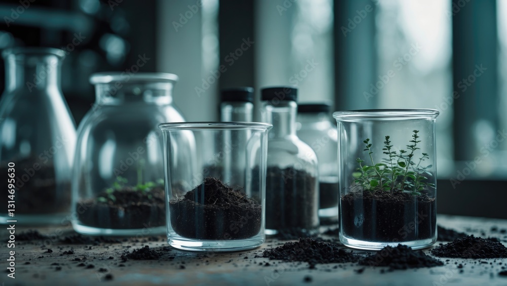 Poster glassware containing soil samples. laboratory investigation. close-up view.