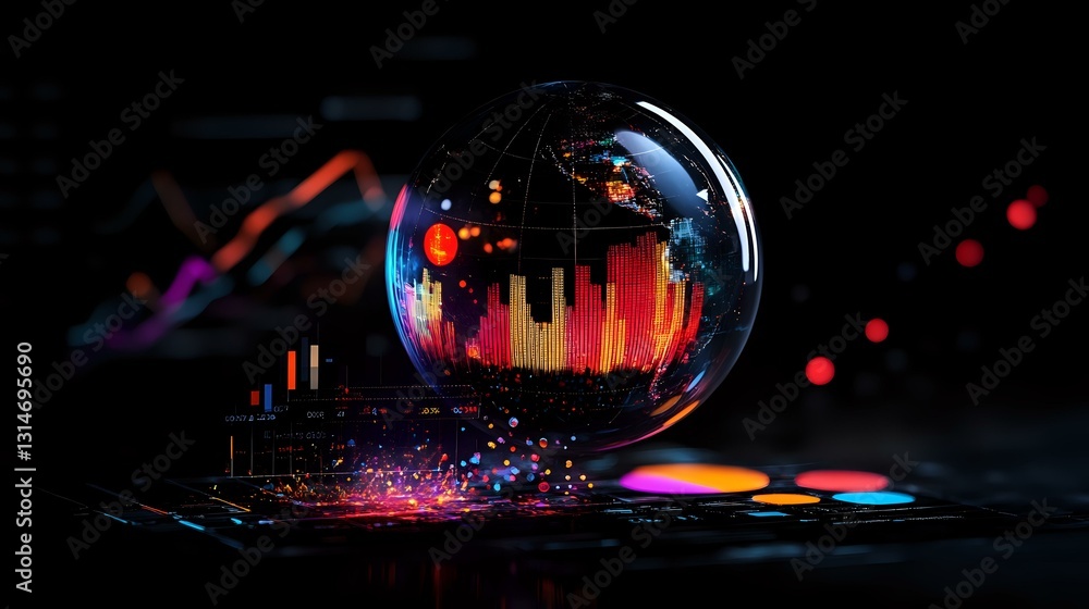 Poster vibrant cityscape reflected in soap bubble against dark background with colorful bokeh lights creati