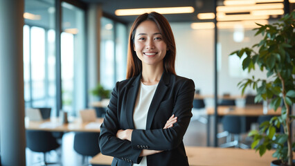 Asian businesswoman stands confidently with arms crossed in a modern, professional office environment. Ideal for themes of leadership, professionalism, and corporate success