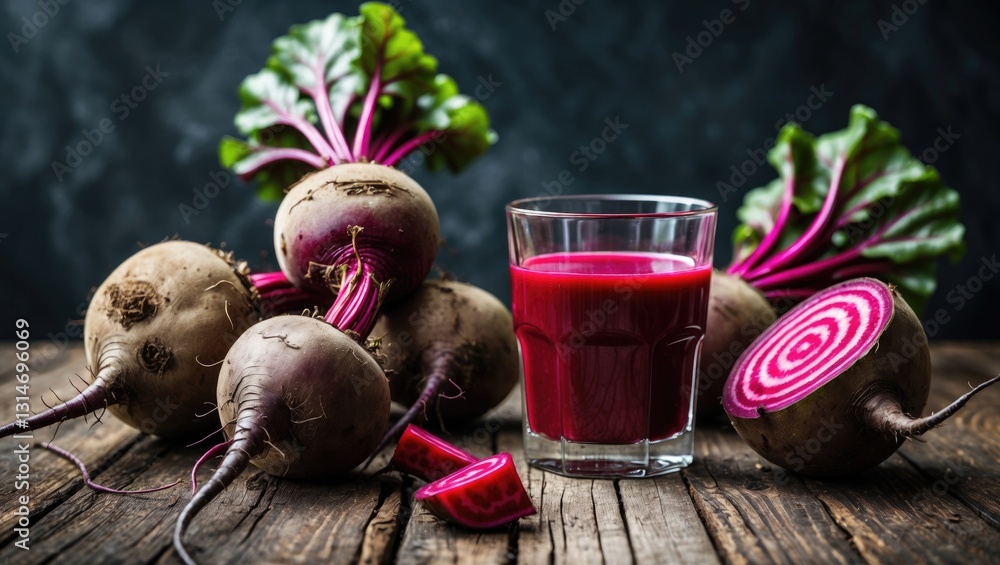Poster fresh organic beets and beet juice in a glass are displayed on a rustic wooden table as an idea for 