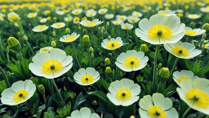 Large buttercups in bloom across the garden field. A magnificent flower field. Stunning photos captured by drone.