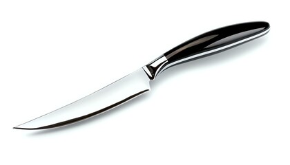 Fototapeta premium Sharp stainless steel kitchen knife with ergonomic black handle isolated on white background, ready for professional culinary use and food preparation.
