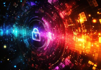 Obraz premium Colorful abstract digital background depicting a secure lock symbolizing cybersecurity, data protection, and vibrant technology concepts in vivid colors