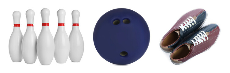 Bowling shoes, pins and ball isolated on white, set