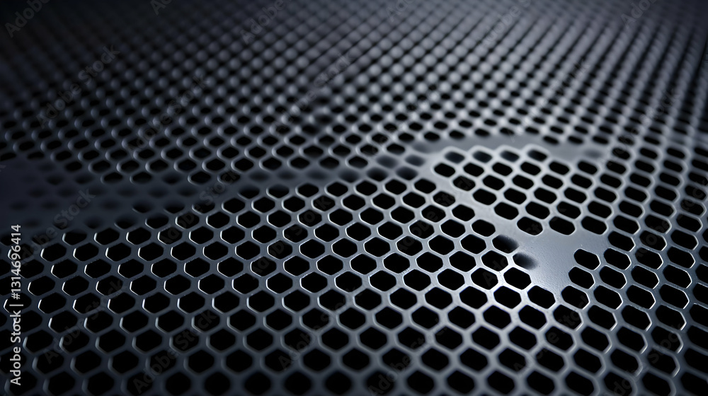 Poster close up macro photography of water droplets on dark metallic hexagonal mesh surface with selective 