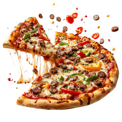 A Flying Pizza Slice with Cheese Sausage and Peppers Isolated on Transparent Background