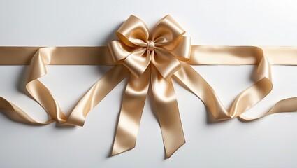 Fototapeta premium Golden satin ribbon with bow on white background, viewed from above.