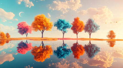 Four colorful trees reflected in calm water, under a pastel sky with a crescent moon, creating a serene and dreamlike autumnal scene, showcasing nature's beauty and tranquility