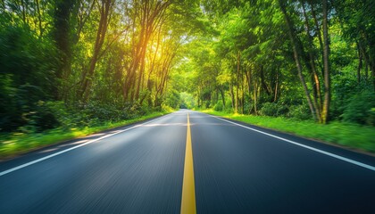 Fototapeta premium Summer Road Trip: Fast Driving On Empty Asphalt Highway Through Green Tree Forest In Countryside For Tropical Forest Summer Vacation.