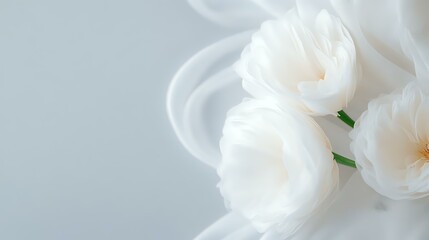 Delicate white garden roses in soft focus against light background create dreamy, romantic mood. Elegant floral composition for wedding and celebration designs.