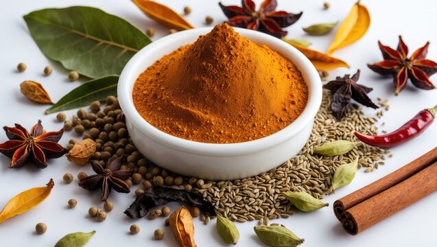 Garam masala powder, traditional curry spice blend with ingredients.