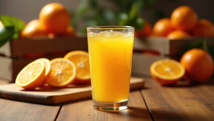 Freshly squeezed orange juice served in a glass on a table with citrus fruits.