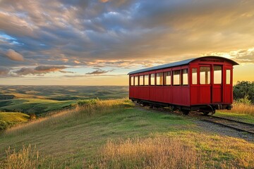Obraz premium A red vintage train car sits atop a grassy hill overlooking a vast, rolling landscape under a dramatic sunset sky.