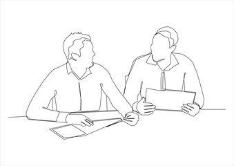 continuous line drawing of two employees talking about work.