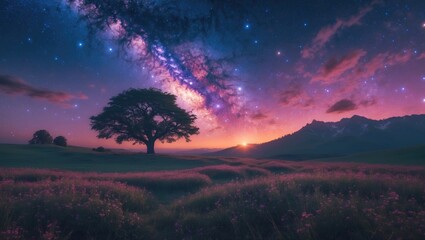 landscape featuring the Milky Way, stars, and a tree silhouette against the night sky