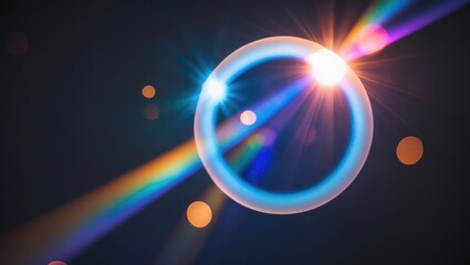 Blue light flare prism rainbow flares overlay effect on a dark background, with light passing through crystals, and prismatic sun catcher reflections rays. Abstract blurred colorful lens flare boke...