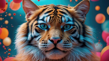 Naklejka premium Fluffy tiger cat against a background. Viewed from below.