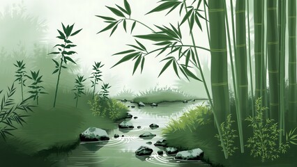Bamboo tree. Bamboo branch with leaves and copy space
