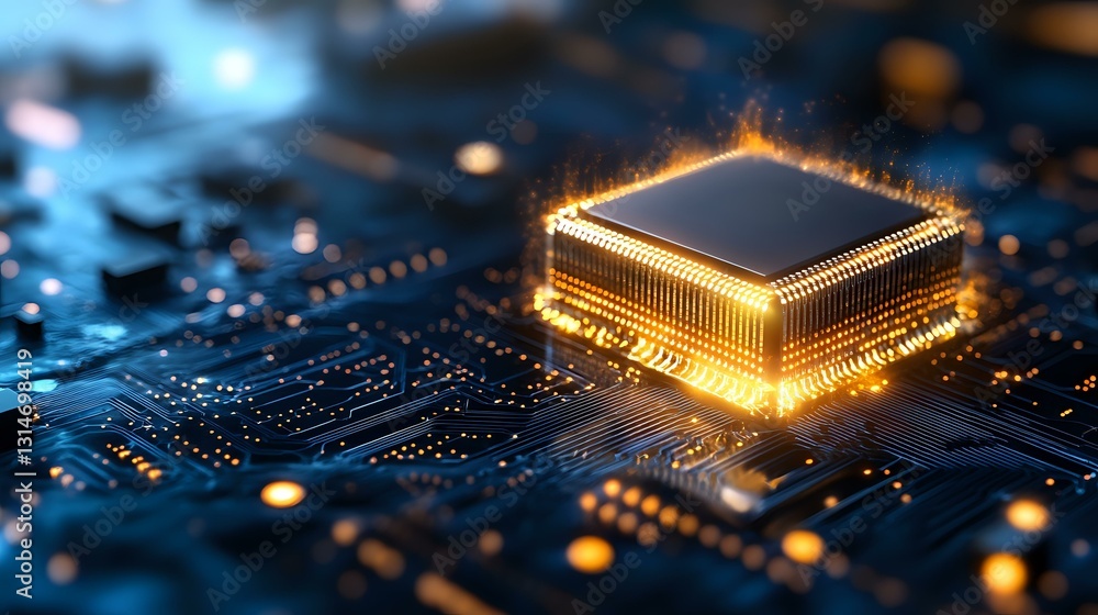 Poster glowing processor on circuit board with orange light effect and shallow depth of field, modern compu