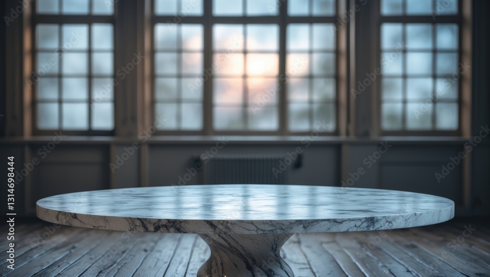 Poster banner mock-up abstract backdrop featuring an empty white marble stone tabletop and a blurred glass 