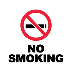 Red circular sign, white background, black cigarette icon, smoke symbol, diagonal red line, "NO SMOKING" text, bold black letters, warning sign
