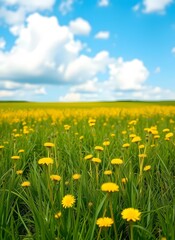 Obraz premium Vibrant Dandelion Field Under Blue Sky ,
