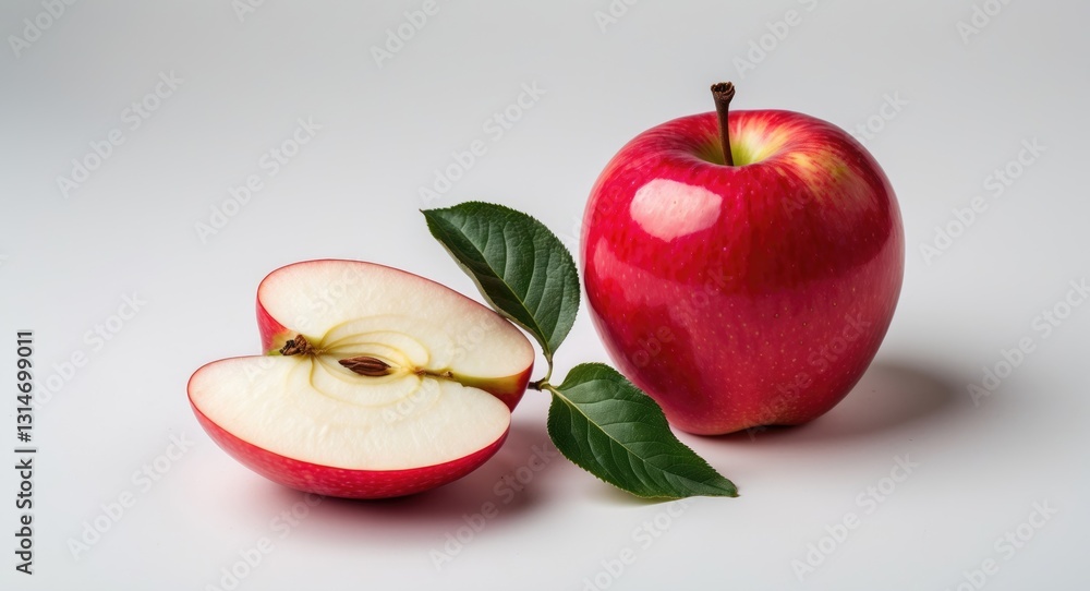 Poster isolated apples. whole red and pink apples with a slice on a white background featuring a clipping p