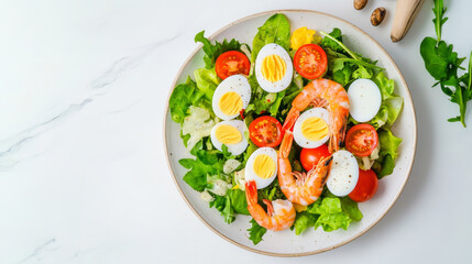 a salad with lettuce, cauliflower, shrimp, tomatoes and hard-boiled eggs presented on a pretty dish on a modern table