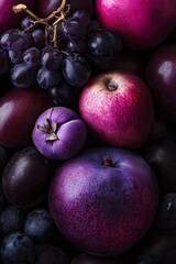 Cinematic photograph of glossy purple fruits arranged in luxurious deep plum and mauve tones