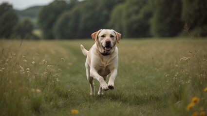 Obraz premium Labrador sprinting through the meadow during summer
