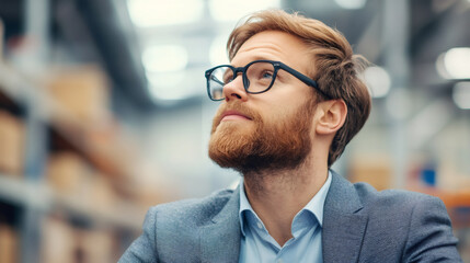Obraz premium Contemplative businessman wearing eyeglasses, gazing upward amid industrial warehouse shelving